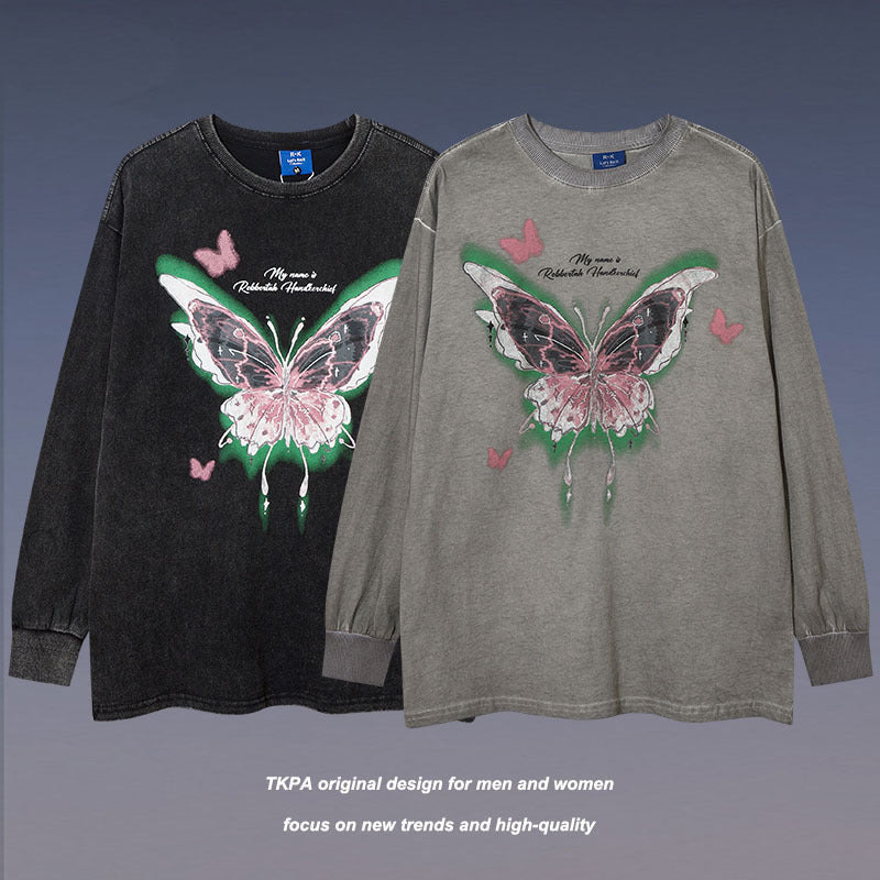 Men Long Sleeve Shirt Butterfly Graffiti Printing Washed Bottoming Long Sleeve T-shirt Oversize Men and Women Ins