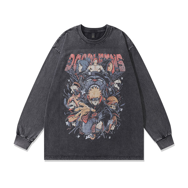 Men Long Sleeve Shirt Cartoon Printed Long-Sleeved Bottoming T-shirt Men and Women Washed Old