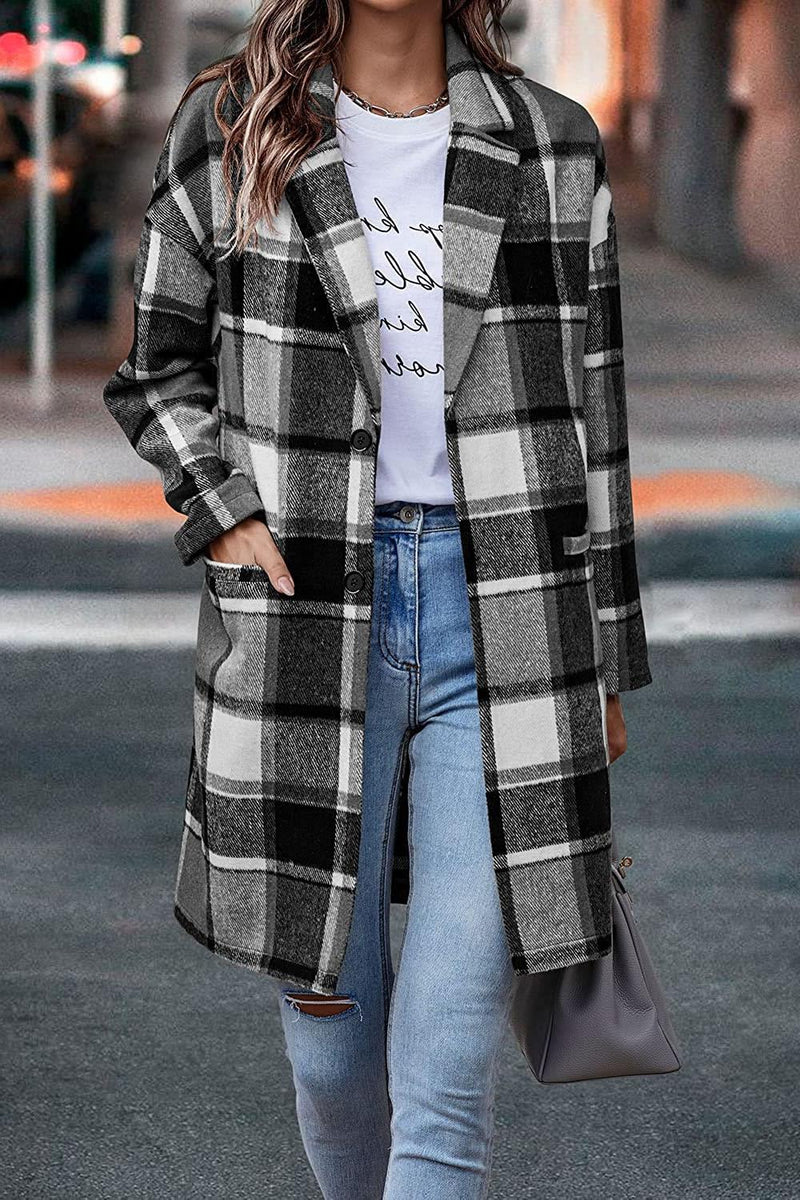 Plaid Trench Coat Women's Lapel Pocket Plaid