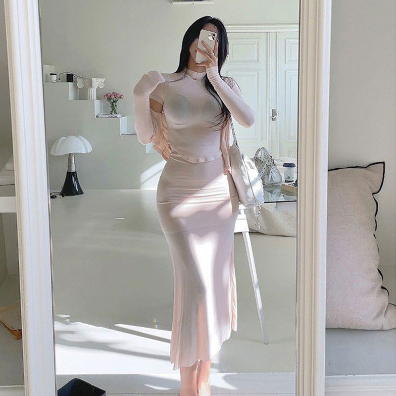 Women Long Sleeve Shirt Long Sleeve Cardigan Jacket Fishtail Skirt