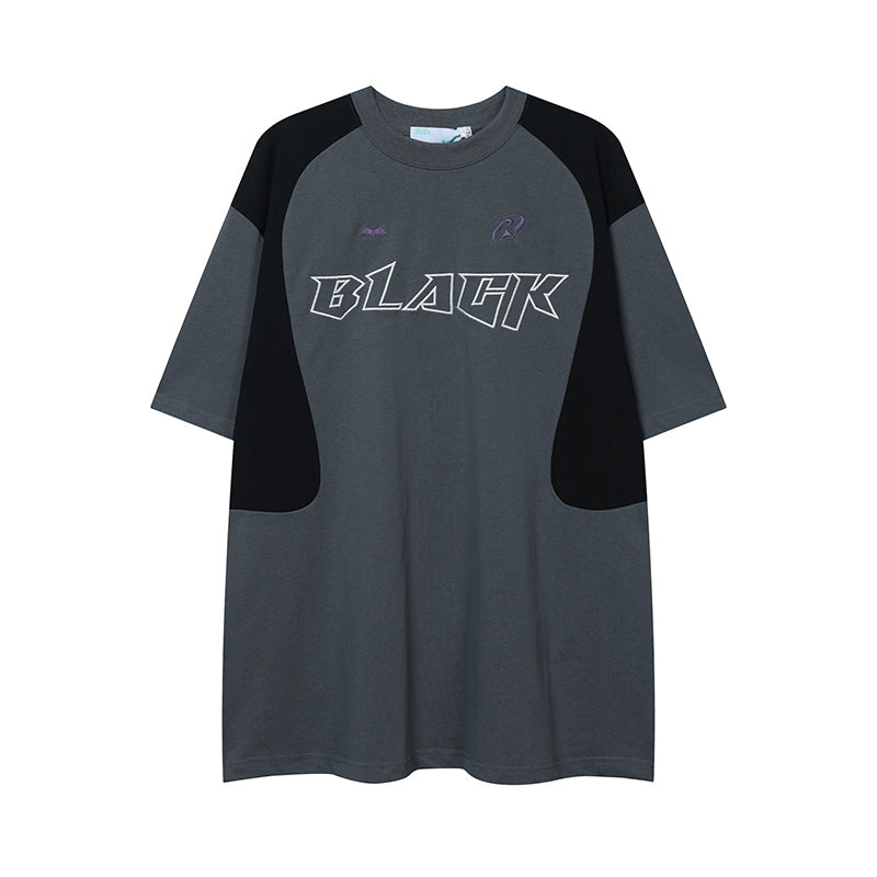 After Prom Shirt Summer Sports Gray T-shirt Men's Color Block Embroidery round Neck Short Sleeve