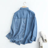 Women T-Shirt Spring and Autumn Polo Collar Stripes Denim Shirt