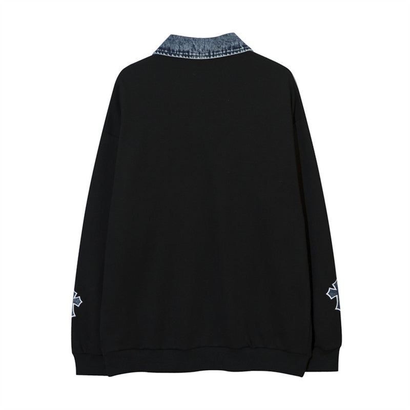 Men Hoodie Letter Patch Embroidered Lapel Sweatshirt
