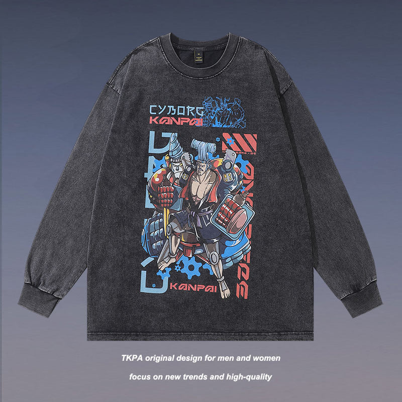 Men Long Sleeve Shirt Printed Long Sleeve Bottoming T-shirt Men and Women Retro Washed Distressed