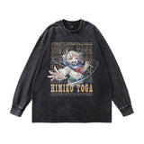 Men Long Sleeve Shirt Cartoon Printed Washed and Worn Long Sleeve T-shirt Men and Women Hip Hop