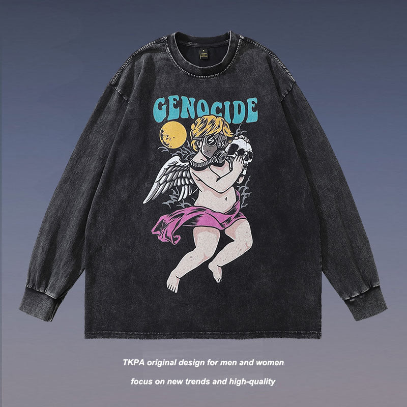 Men Long Sleeve Shirt Angel Print Washed Long Sleeve Bottoming T-shirt for Men and Women