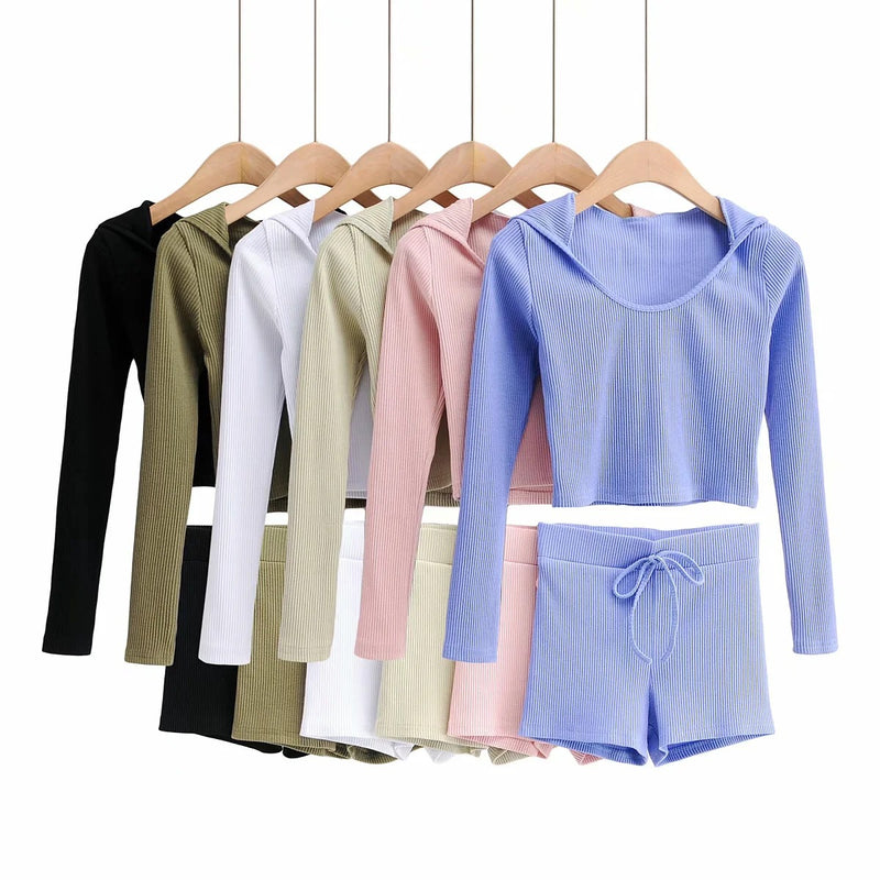 Women T-Shirt Hooded Long Sleeve T-shirt Shorts