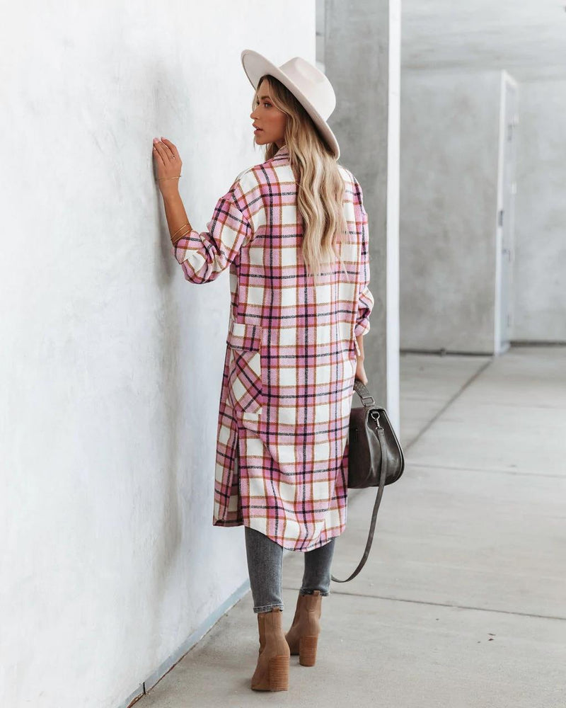 Plaid Trench Coat Spring and Autumn Women's Long Sleeve Plaid Printed