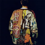 Graffiti Bomber Jacket Pure Cotton Yarn V-neck Knitted Cardigan