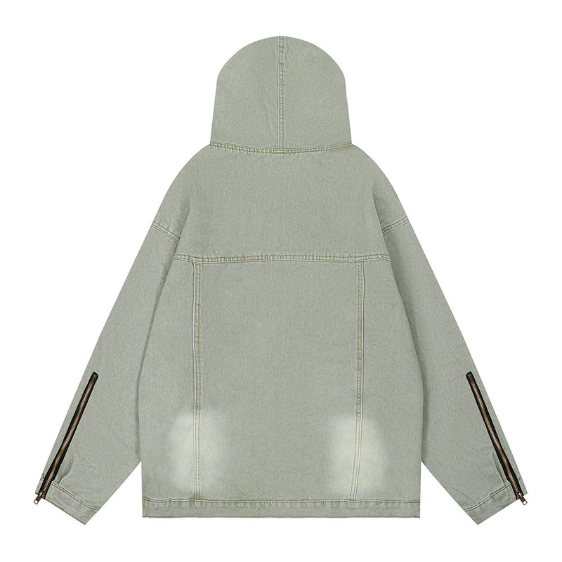 Men Denim Jacket Washed and Worn Hooded Denim Jacket Men's Loose Spring and Autumn Denim Sweatshirt