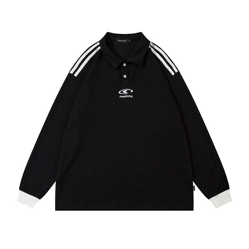 Men Long Sleeve Shirt Vintage Polo Lapel Long Sleeve T-shirt Men's Fashion Brand College Style Loose Couple