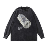 Men Long Sleeve Shirt Cartoon Printed Washed and Worn Long Sleeve T-shirt Men and Women Hiphop Loose