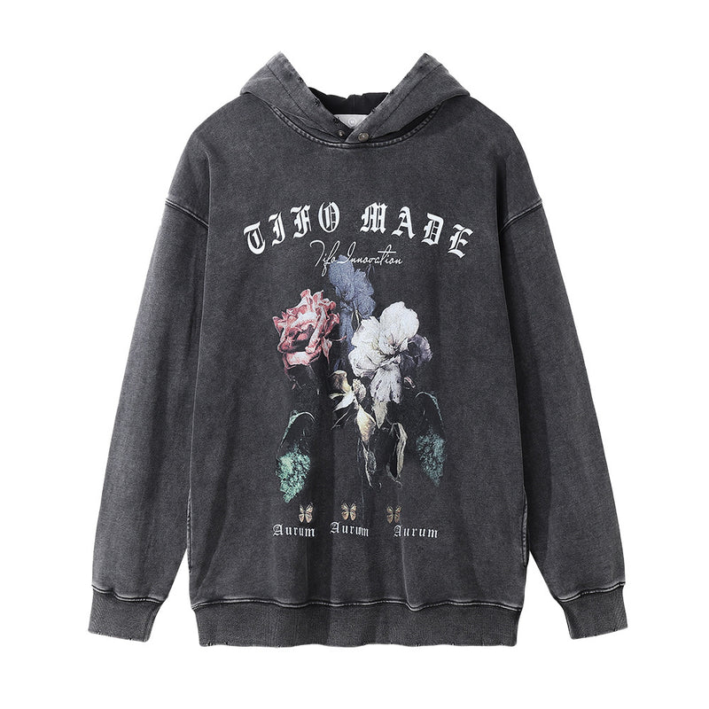 Men Hoodie Printing Distressed Wash Hooded Pullover Loose
