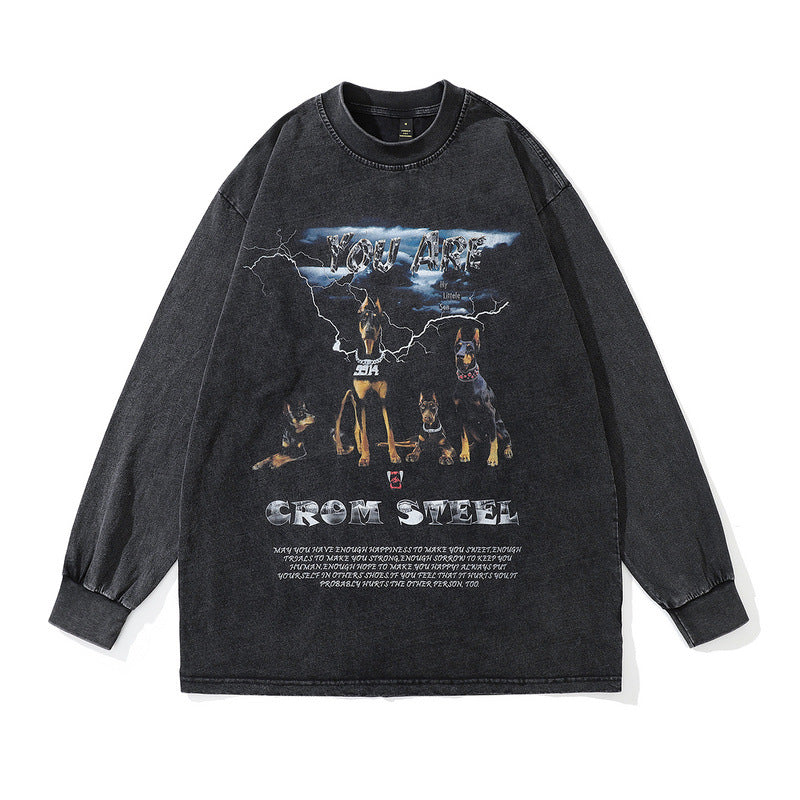 Men Long Sleeve Shirt Washed Distressed Doberman Pinscher Printed Long Sleeve T-shirt Men and Women Winter Loose