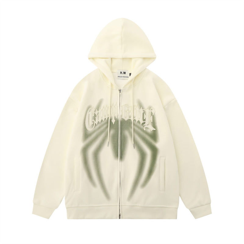 Men Hoodie Spider Print Hooded Cardigan Sweater Two-Way Zipper Jacket