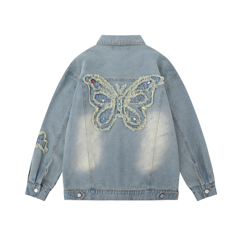 Men Denim Jacket Butterfly Paste Cloth Embroidery Denim Jacket Men's Washed and Worn Coat