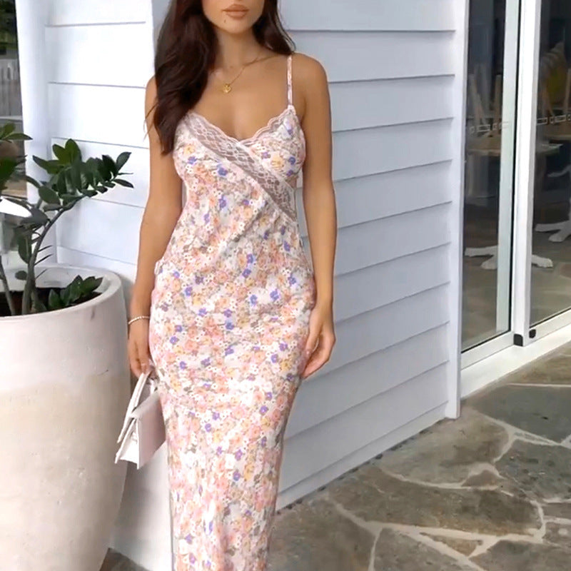 Women Dresses Summer Lace Cutout Sling Dress