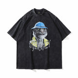 Men T Shirt Washed and Worn Vintage Print Short Sleeves T-shirt Men's Loose