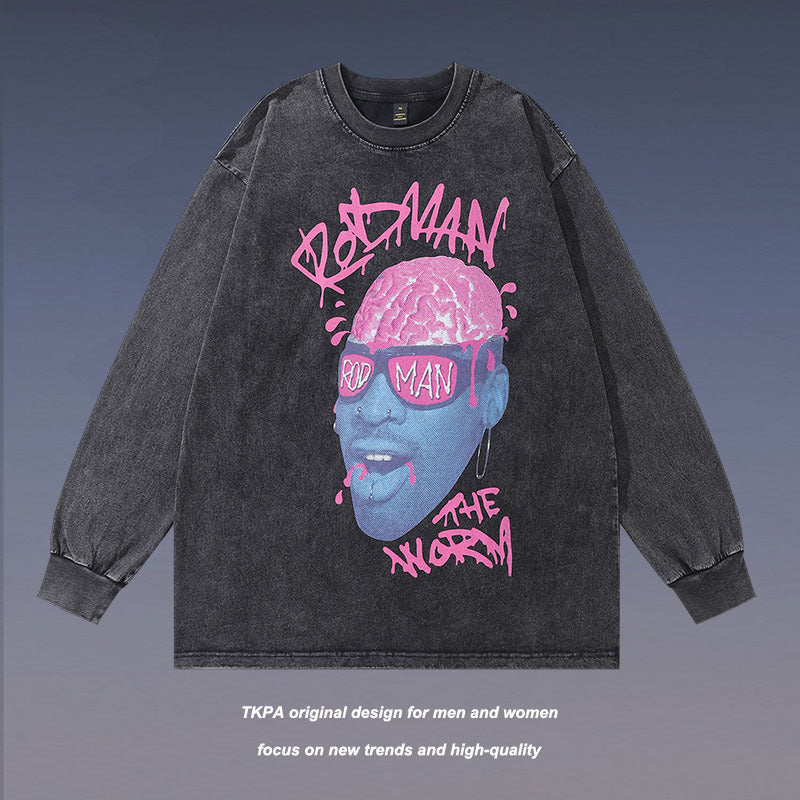 Men Long Sleeve Shirt Retro Washed Distressed Long Sleeve Bottoming T-shirt for Men and Women