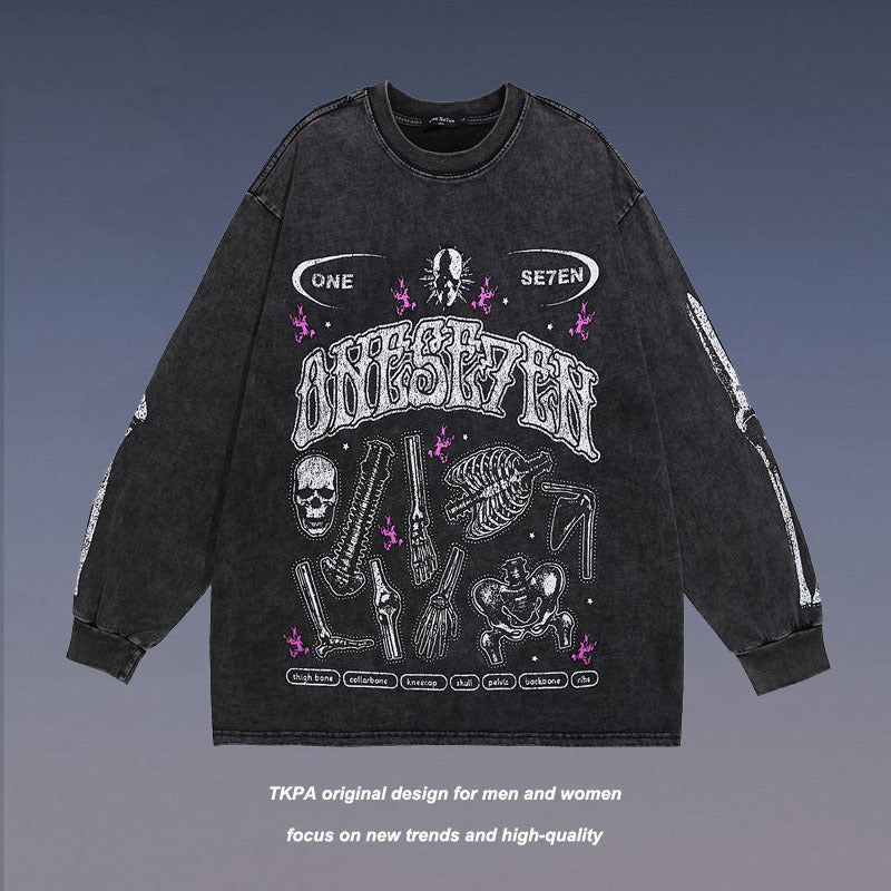 Men Long Sleeve Shirt Graffiti Distressed Washed Long Sleeve T-shirt Men and Women Vintage