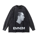 Men Long Sleeve Shirt Printed Washed round Neck Long Sleeve Bottoming Vintage Retro Style T-shirt