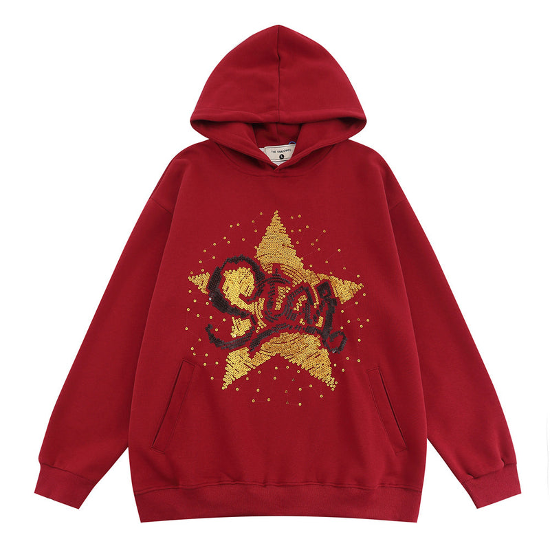 Men Hoodie Sequin Embroidery Five-Pointed Star Hooded Sweater