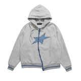 Men Fleece Lined Hoodie Zipper Cardigan Sweater Coat Men's Loose Five-Pointed Star Embroidered Hoodie