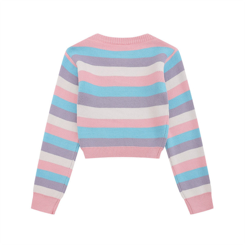 Women Sweater Butterfly-Patterned Short Style Sweater Women's Autumn Contrast Color Long Sleeves Sweater