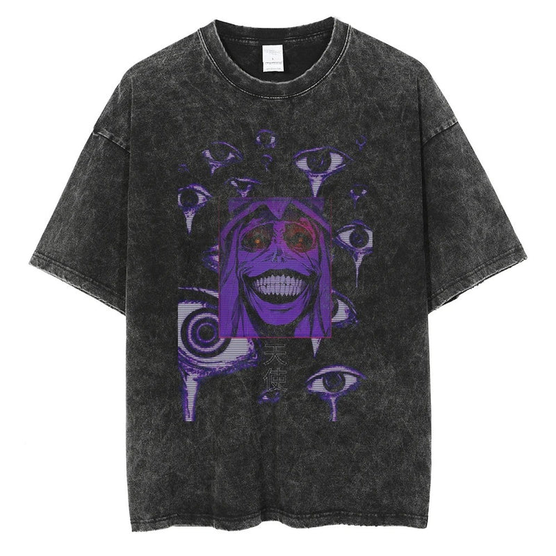 2024Harajuku Streetwear Men Washed Black T-Shirt Anime