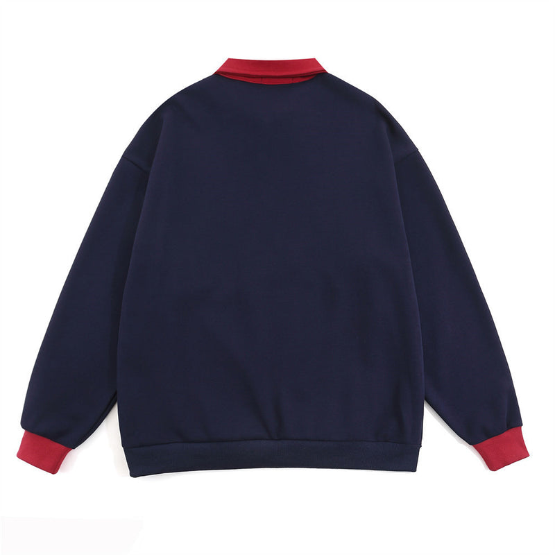 Men Hoodie Lapel Sweater Men's Spring and Autumn Loose Contrast Color Polo Collar Half Zipper Top