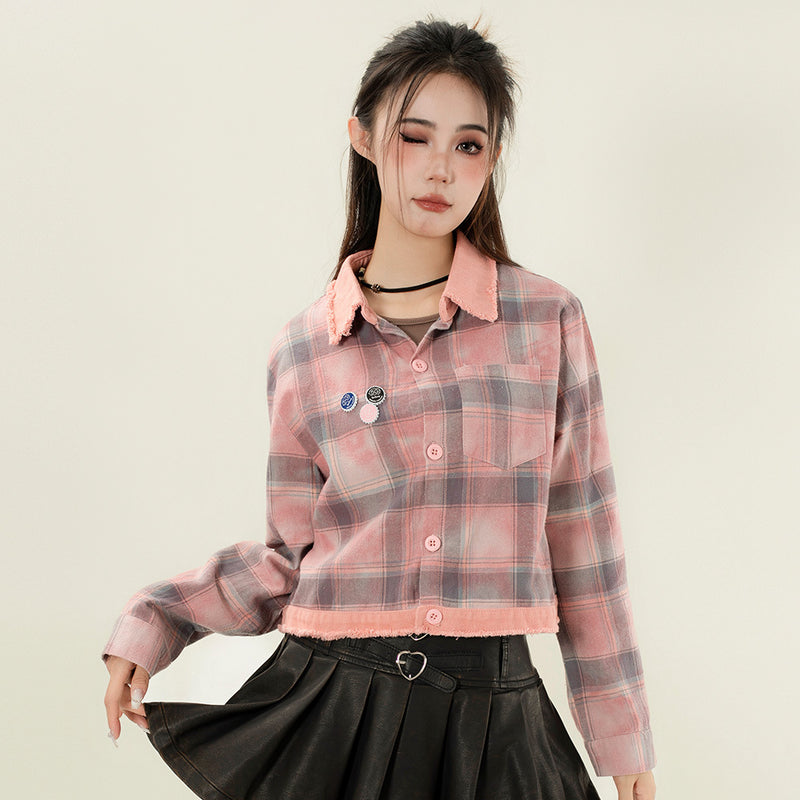 Women Long Sleeve Shirt Color Matching Plaid Short Long Sleeve Shirt Women's Coat