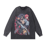 Men Long Sleeve Shirt Japanese Cartoon Anime Print Vintage Long Sleeve T-shirt Men and Women Washed Distressed
