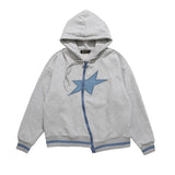 Men Fleece Lined Hoodie Zipper Cardigan Sweater Coat Men's Loose Five-Pointed Star Embroidered Hoodie