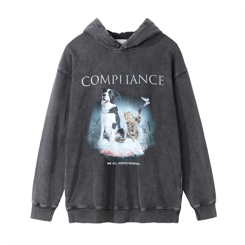 Men Hoodie Dog Printed Hoodie Men's Loose Wash Distressed Worn Pullover Side Pocket Hoodie