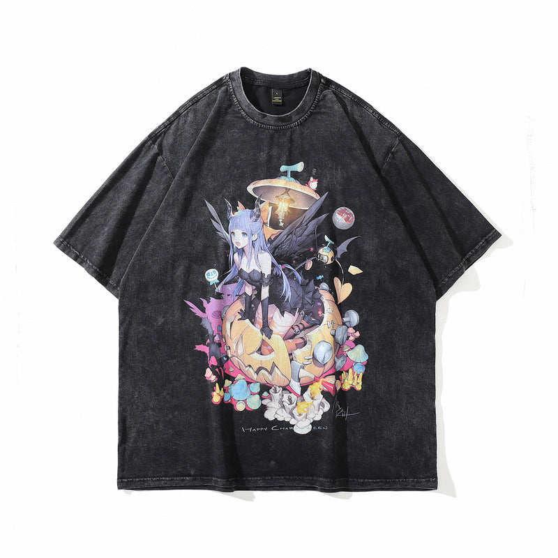 Men T Shirt Cartoon Short Sleeve T-shirt Fashion Brand Couple Men and Women High Street Hip Hop Retro