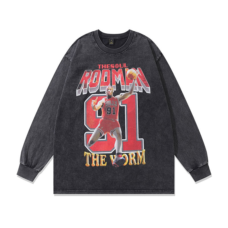 Men Long Sleeve Shirt Portrait Retro Washed Distressed Long Sleeve Bottoming T-shirt for Men and Women