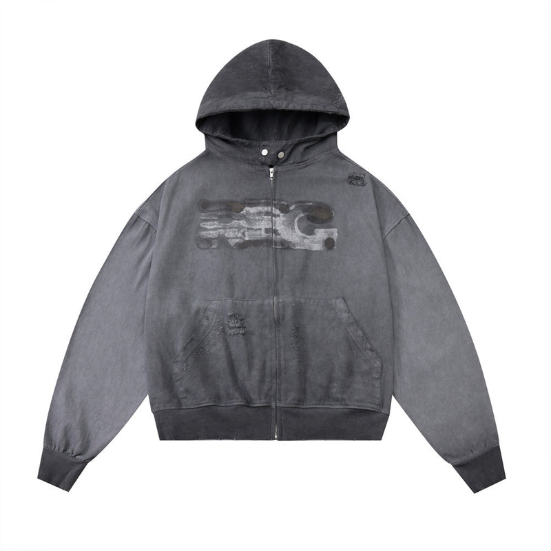 Men Hoodie Tie-Dye Gradient Coat Worn Looking Washed-out Cardigan Sweater Hoodie Loose Long Sleeve