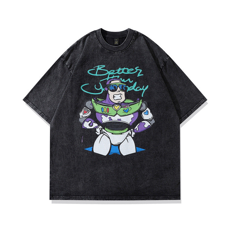 Men T Shirt Cartoon Printed Distressed Short-Sleeved T-shirt for Men and Women