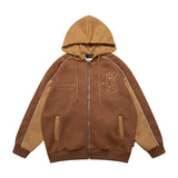 Men Fleece Lined Hoodie Cardigan Sweater Men's Winter Loose Color Contrast Patchwork Embroidered Letters