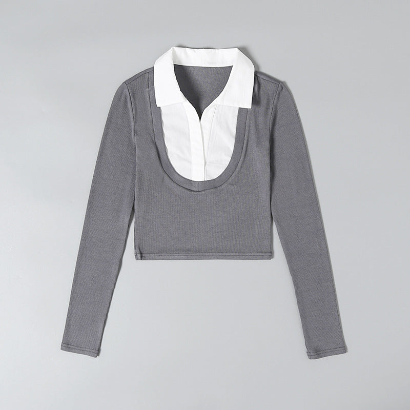 Women T-Shirt Shirt Lapel Short Slim Fit Long-Sleeved T-shirt