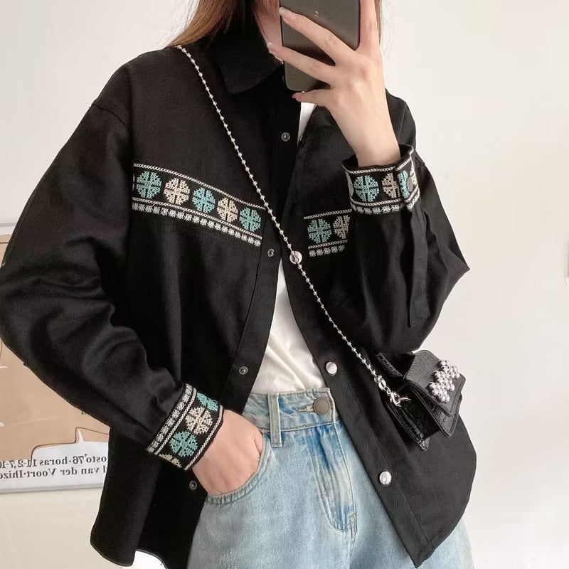 Women's T-Shirt Spring and Autumn Embroidered Denim Coat Women's Loose