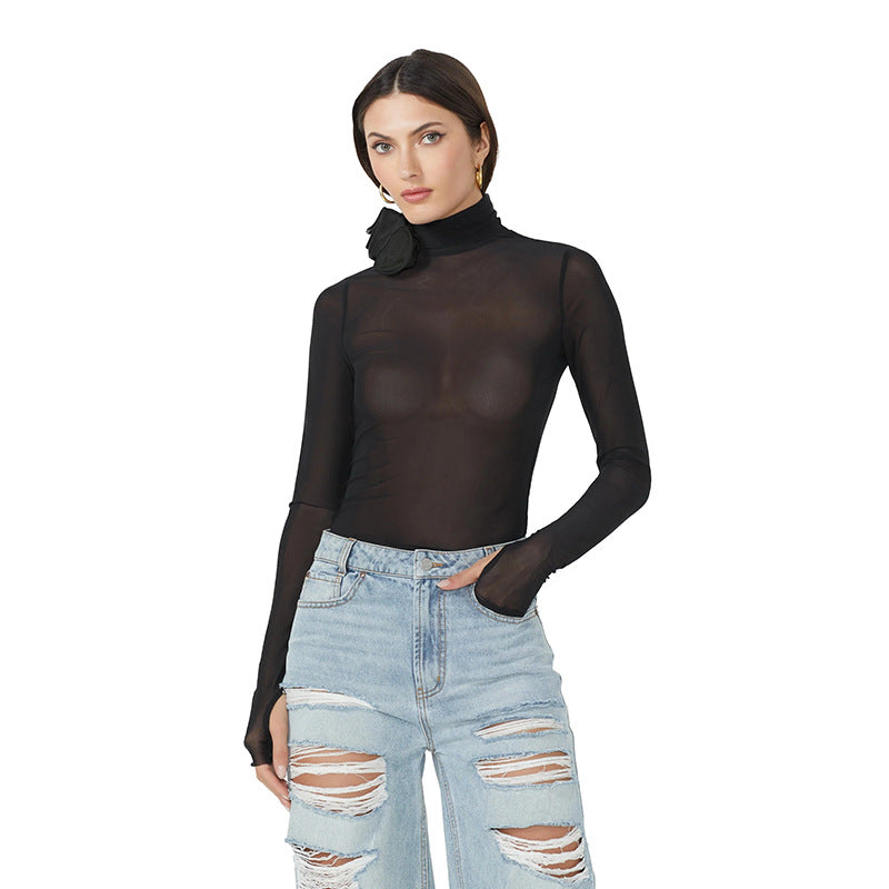 Women Jumpsuit Turtleneck Long Sleeve Mesh Slim Fit Jumpsuit