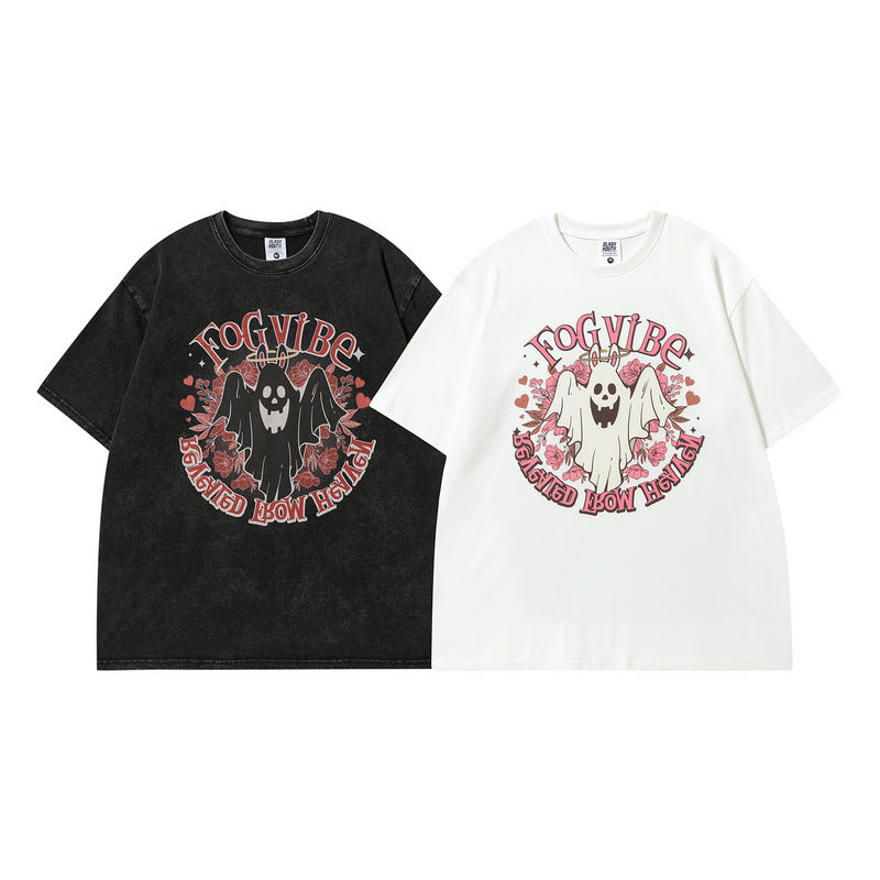 Men's T Shirt Ghost Print Short-Sleeved T-shirt Men's and Women's Retro Style Loose