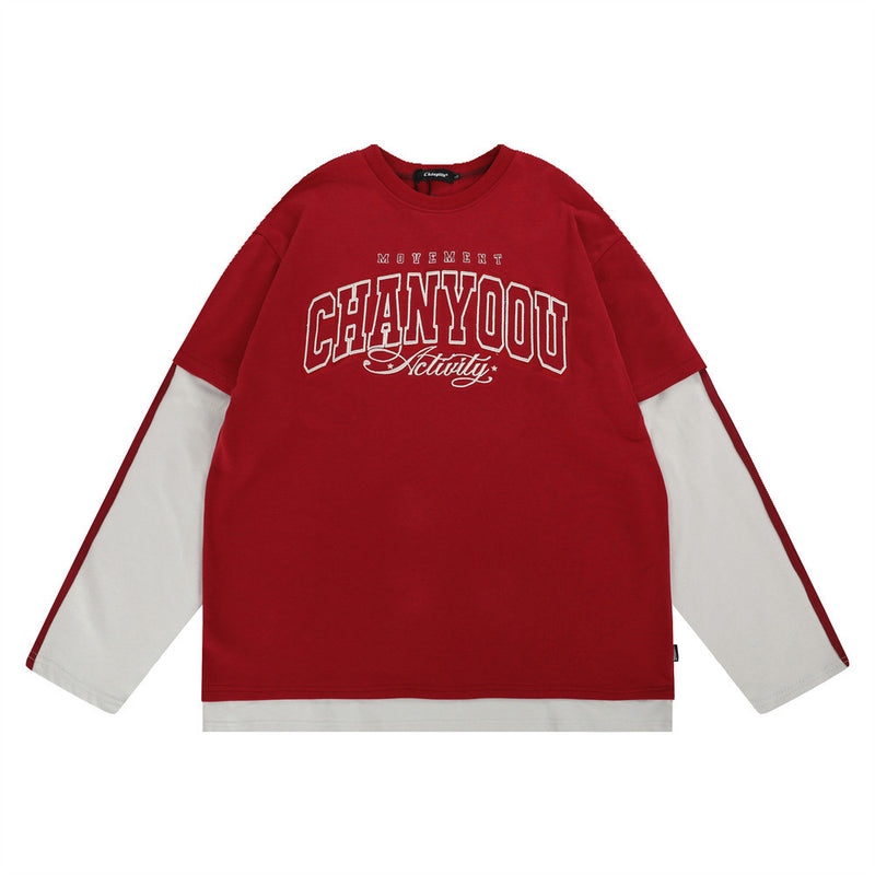 Men Hoodie Embroidered Crew Neck Sweater Loose Cotton Autumn Street Long-Sleeve Stickers Color Matching Top