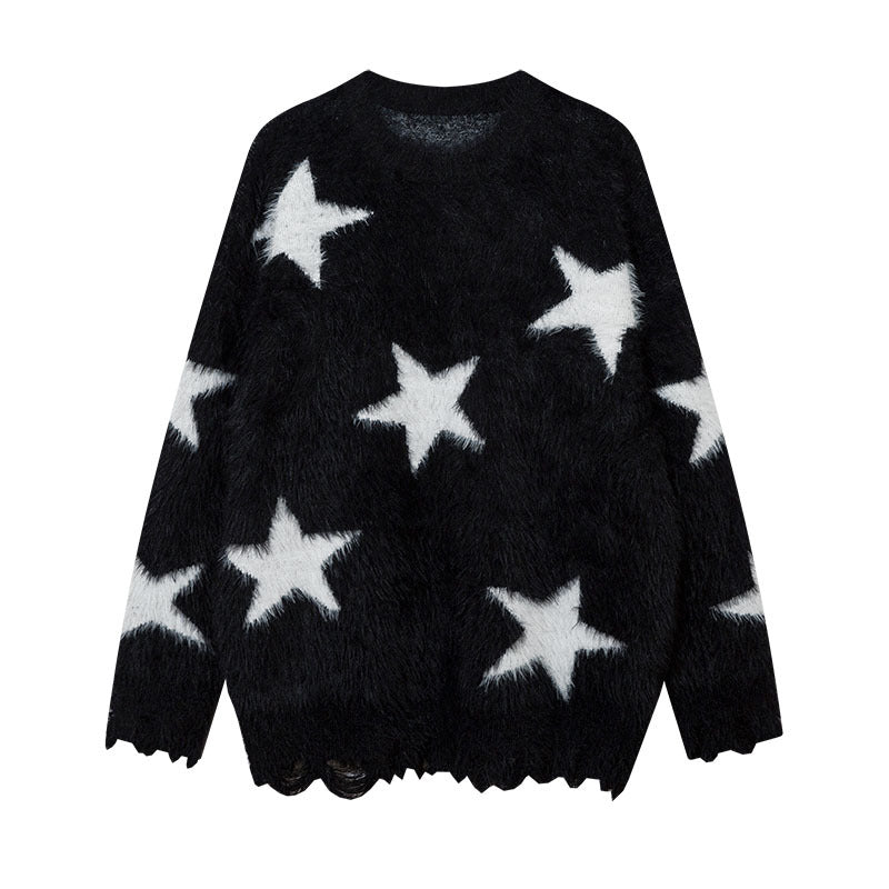 Men Long Sleeve Shirt Five-Pointed Star Contrast Color Jacquard Sweater for Men and Women Idle Style Couple Sweater