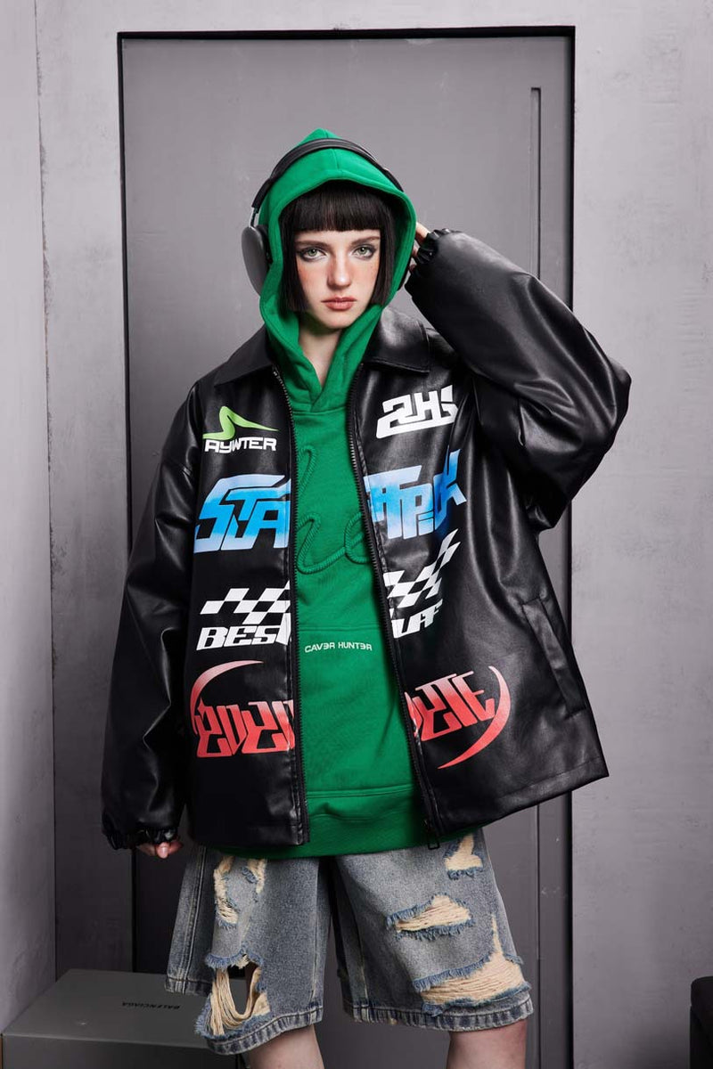 Unisex Jacket Autumn Motorcycle Printing Leather Coat