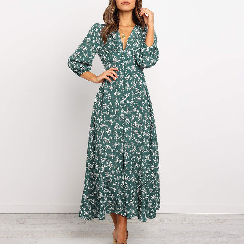 Jungle Print Maxi Dress Vintage Long Sleeve Button High Waist Dress