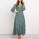 Jungle Print Maxi Dress Vintage Long Sleeve Button High Waist Dress