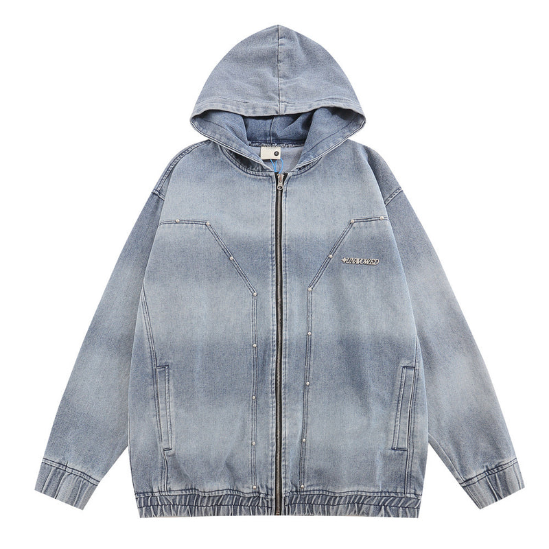 Men Denim Jacket Striped Hooded Denim Jacket Men's Loose Distressed Washed Tie-Dyed Denim Jacket