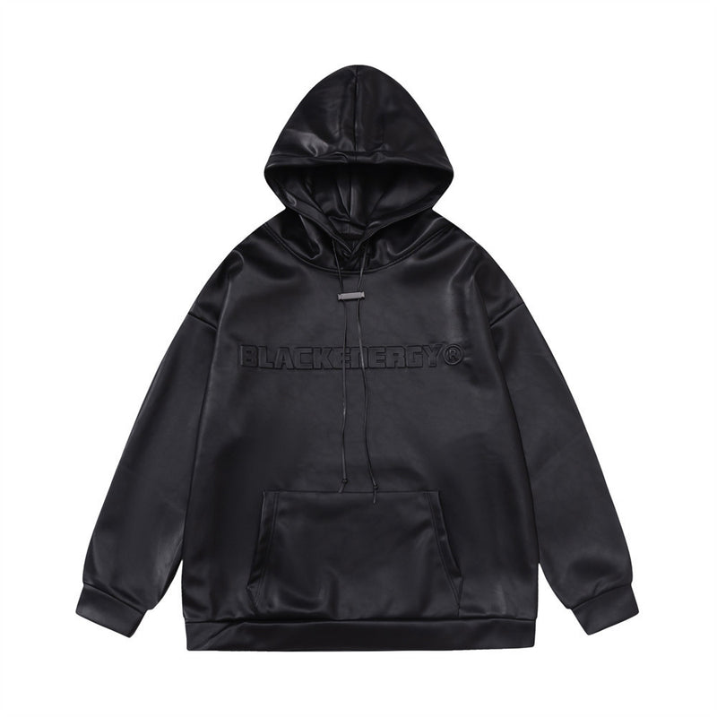 Men Hoodie PU Leather Hooded Sweater Men's Autumn and Winter Locomotive Style Loose Leather Coat Hooded Pullover Coat